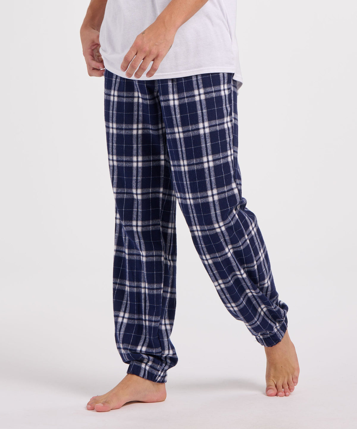 Boxercraft BM6625 Men's Flannel Jogger Pants - Navy/Silver Plaid - Model Front | Navy/Silver Plaid