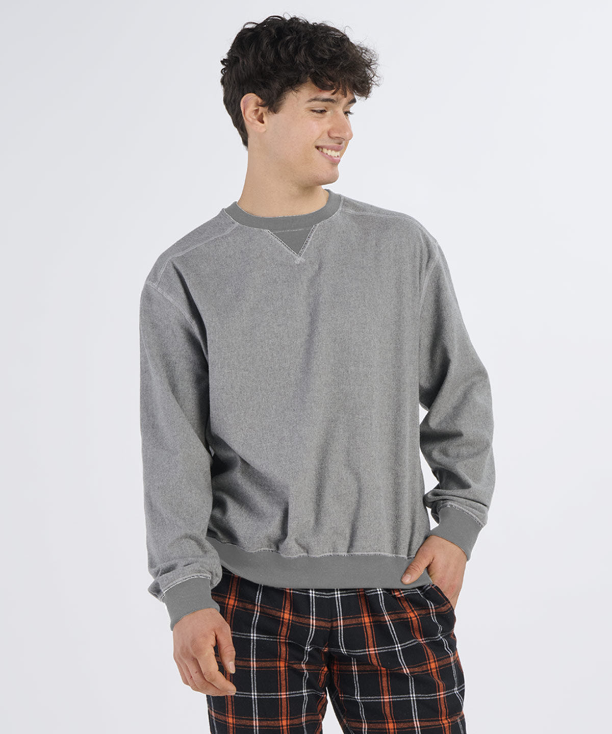 Boxercraft BU5101 Unisex Flannel Pullover Crew - Oxford Heather - Model Front | Oxford Heather