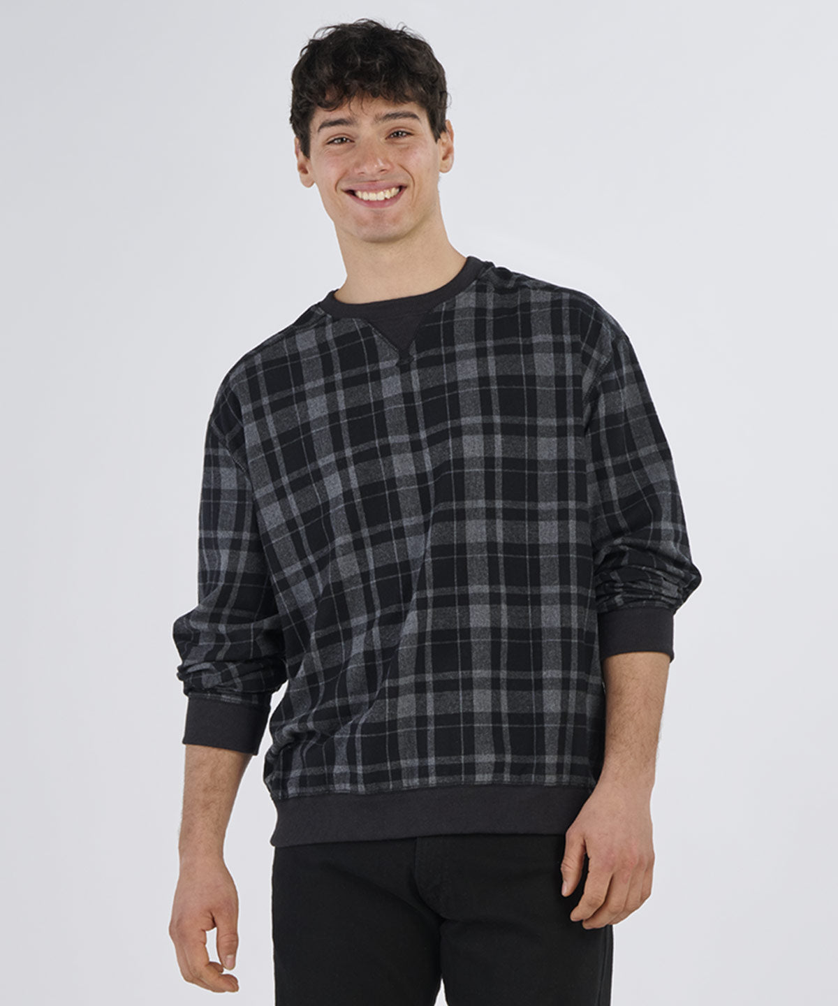 Boxercraft BU5101 Unisex Flannel Pullover Crew - Black Jordan Plaid - Model Front | Black Jordan Plaid