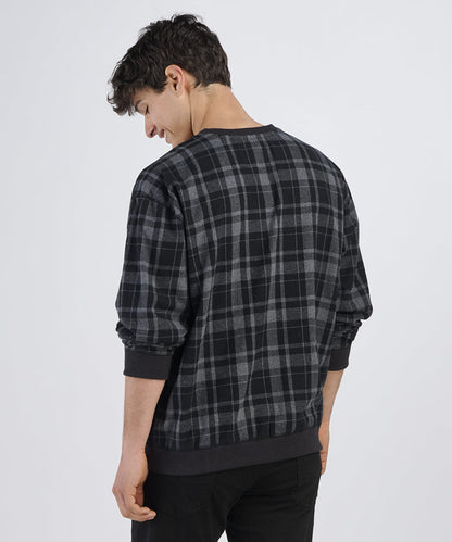 Boxercraft BU5101 Unisex Flannel Pullover Crew - Black Jordan Plaid - Model Back | Black Jordan Plaid