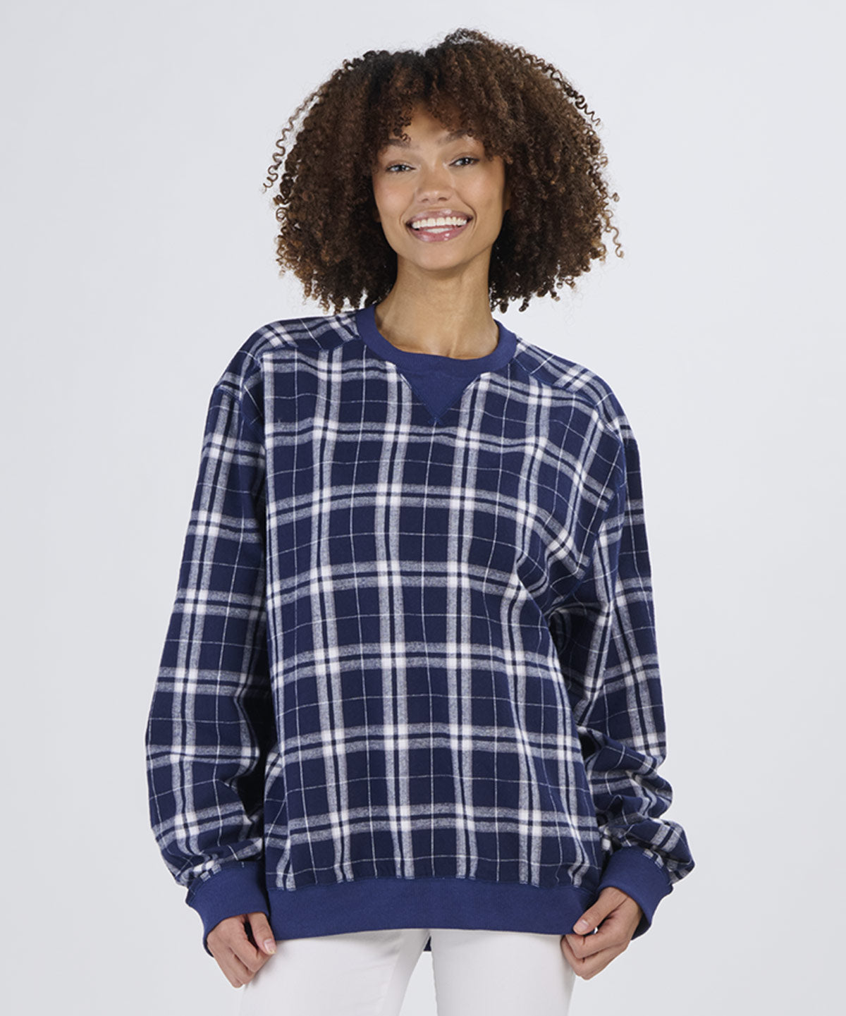 Boxercraft BU5101 Unisex Flannel Pullover Crew - Navy/Silver Plaid - Model Front | Navy/Silver Plaid