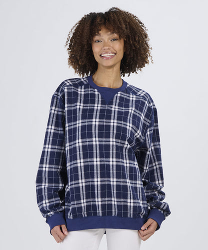 Boxercraft BU5101 Unisex Flannel Pullover Crew - Navy/Silver Plaid - Model Front | Navy/Silver Plaid
