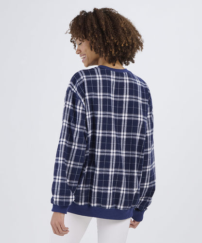 Boxercraft BU5101 Unisex Flannel Pullover Crew - Navy/Silver Plaid - Model Back | Navy/Silver Plaid