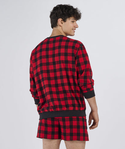 Boxercraft BU5101 Unisex Flannel Pullover Crew - Red/Black Buffalo Plaid - Model Back | Red/Black Buffalo Plaid