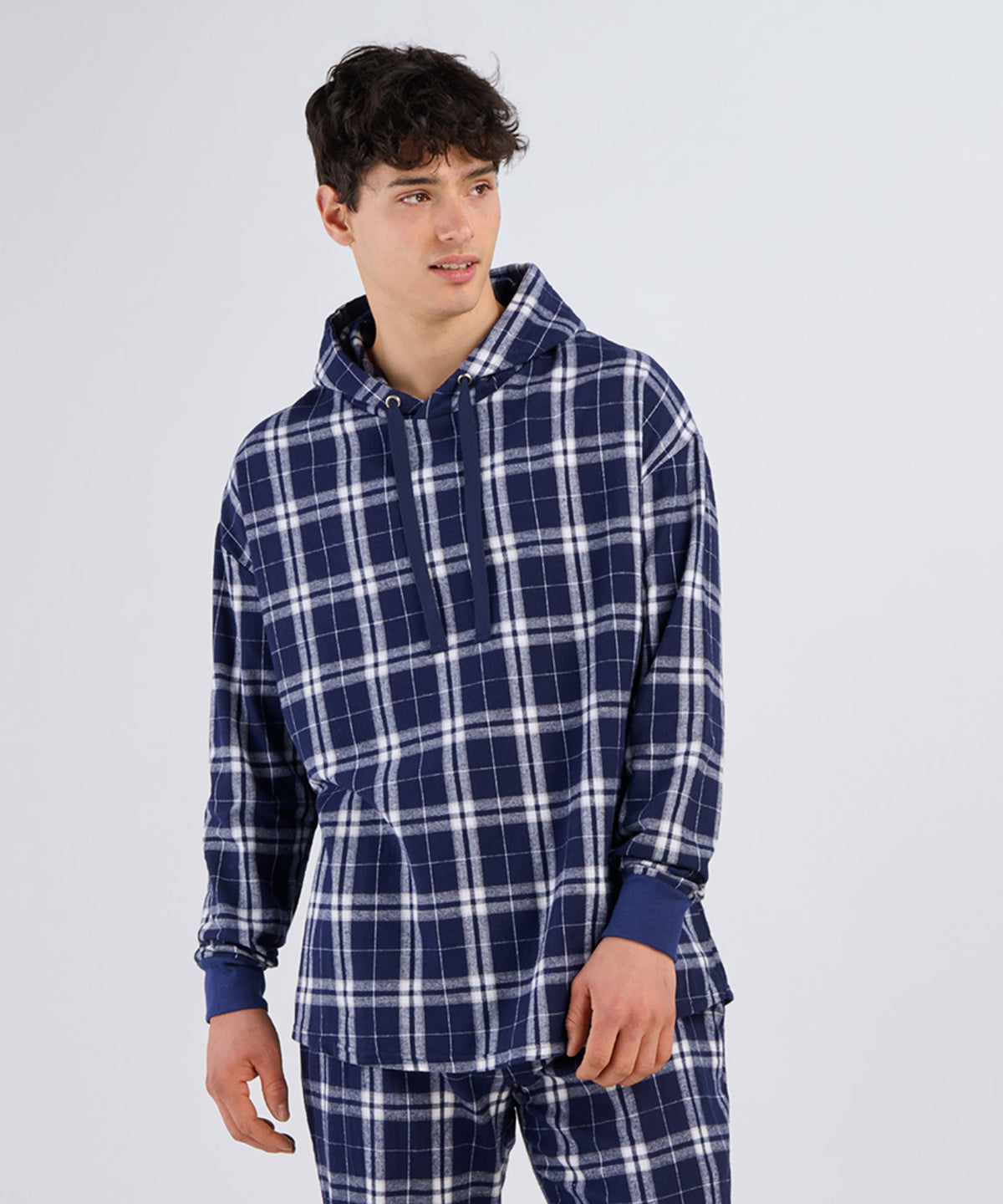 Boxercraft BU5301 Unisex Flannel Pullover Hoodie - Navy/Silver Plaid - Model Front | Navy/Silver Plaid