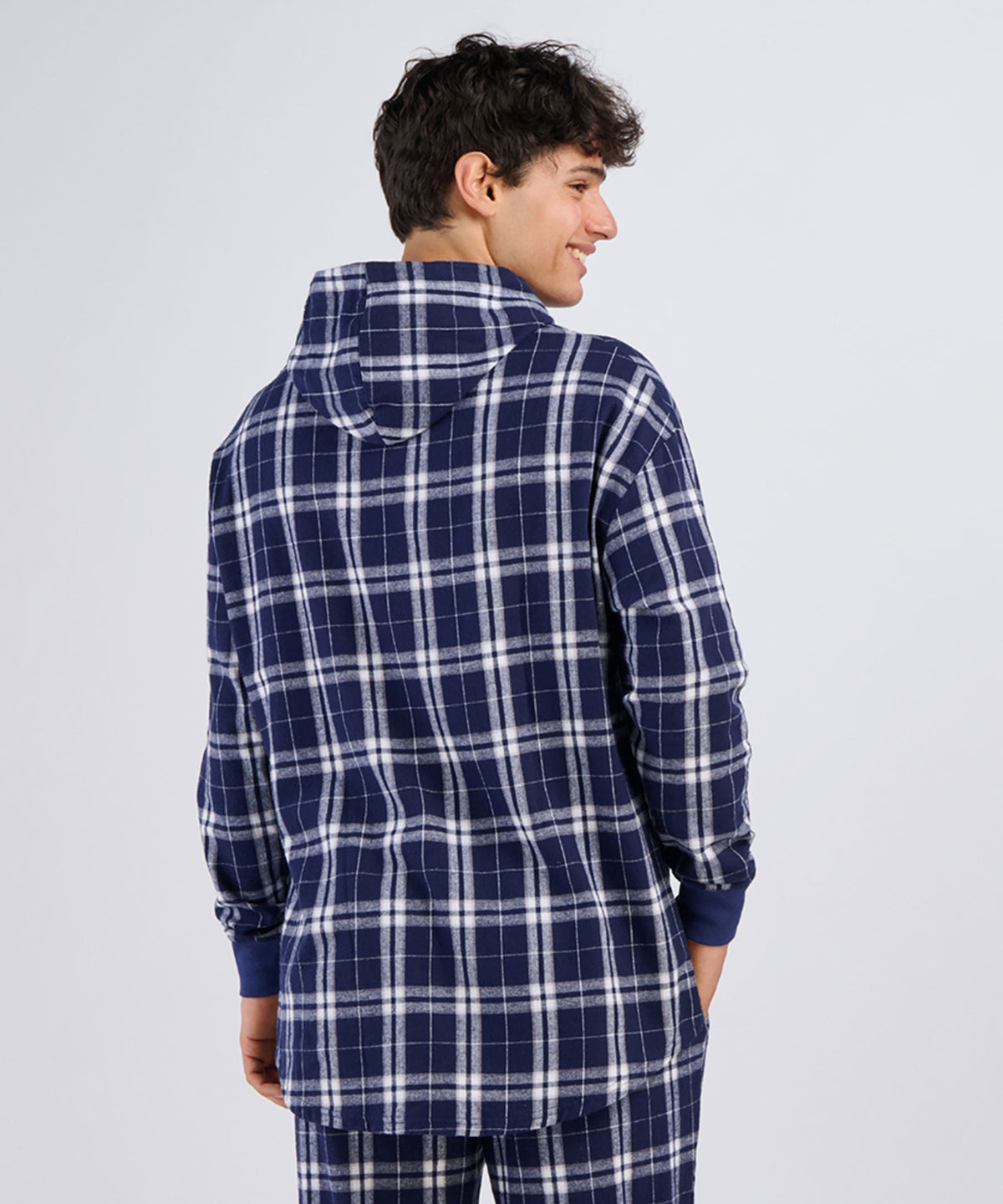 Boxercraft BU5301 Unisex Flannel Pullover Hoodie - Navy/Silver Plaid - Model Back | Navy/Silver Plaid