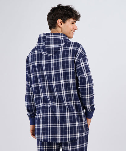 Boxercraft BU5301 Unisex Flannel Pullover Hoodie - Navy/Silver Plaid - Model Back | Navy/Silver Plaid