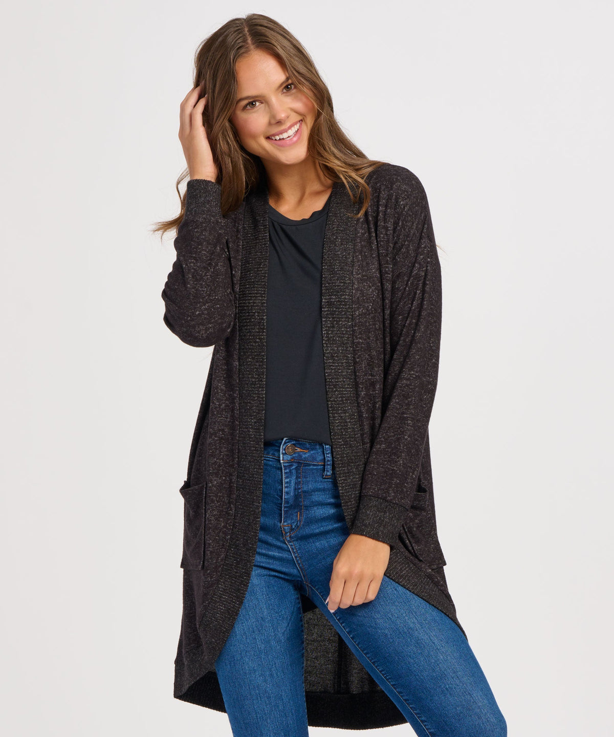 Women's Cuddle Cardigan – Ultra-Soft Open-Front Cardigan Sweater in Black Heather