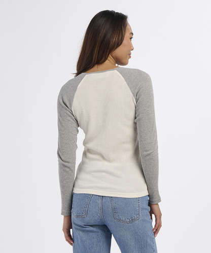 BW3104 Women's Waffle Knit Henley - Natural/Oxford Heather - Back | Natural/Oxford Heather