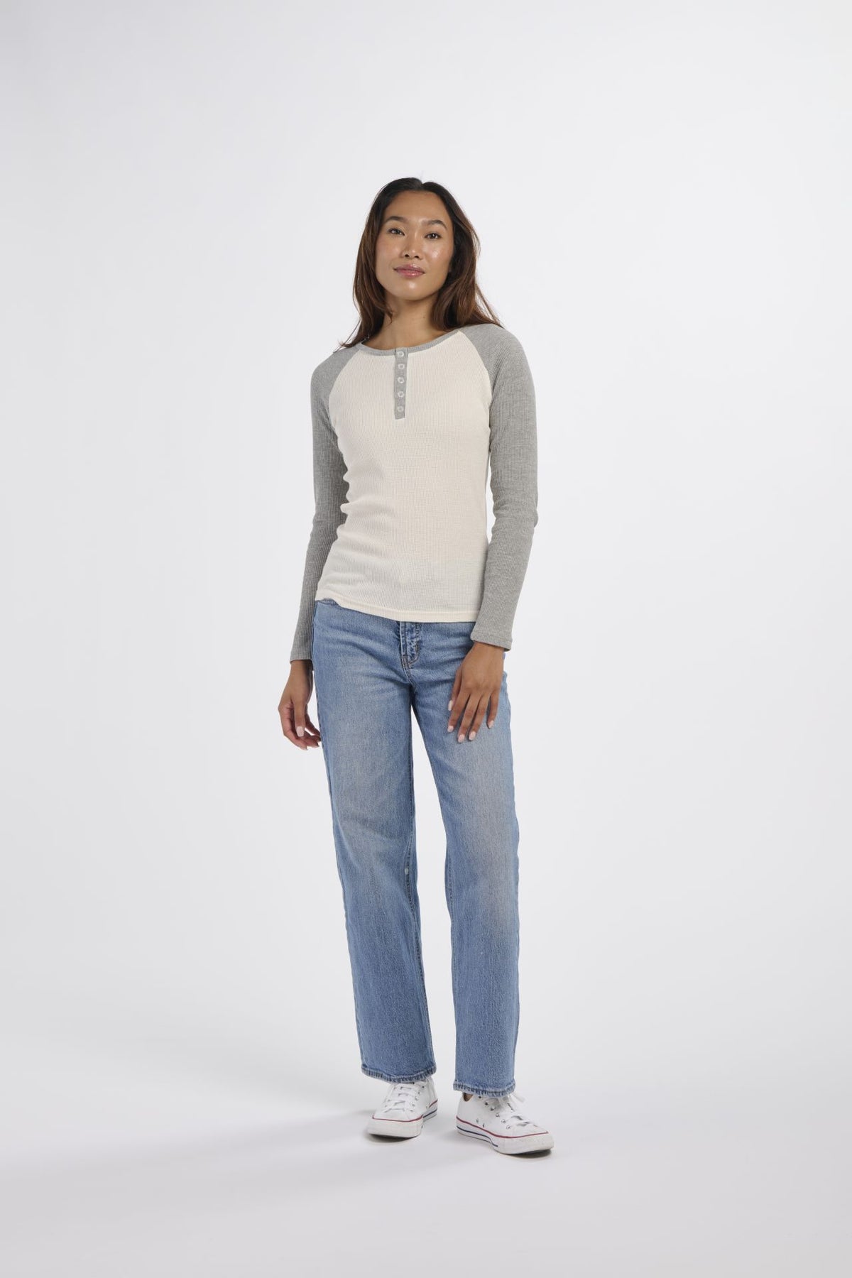 BW3104 Women's Waffle Knit Henley - Natural/Oxford Heather - Front | Natural/Oxford Heather