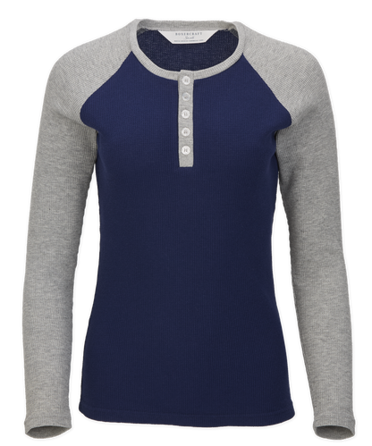 BW3104 Women's Waffle Knit Henley - Navy/Oxford - Ghost Front | Navy/Oxford