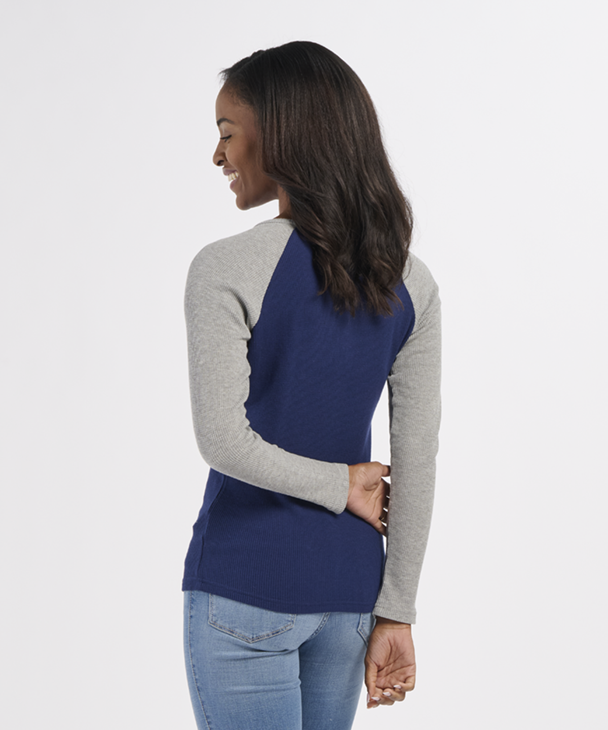 BW3104 Women's Waffle Knit Henley - Navy/Oxford - Back | Navy/Oxford