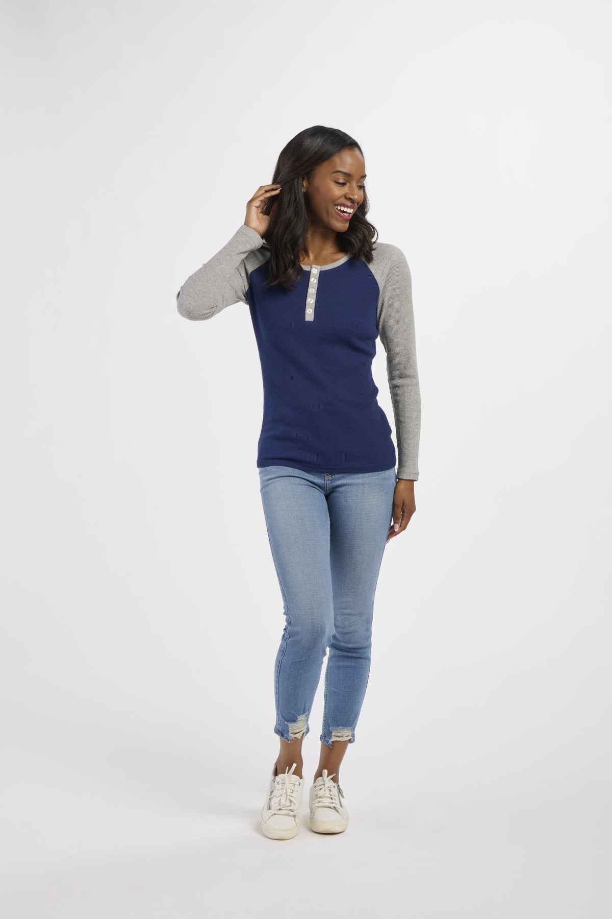 BW3104 Women's Waffle Knit Henley - Navy/Oxford - Front | Navy/Oxford