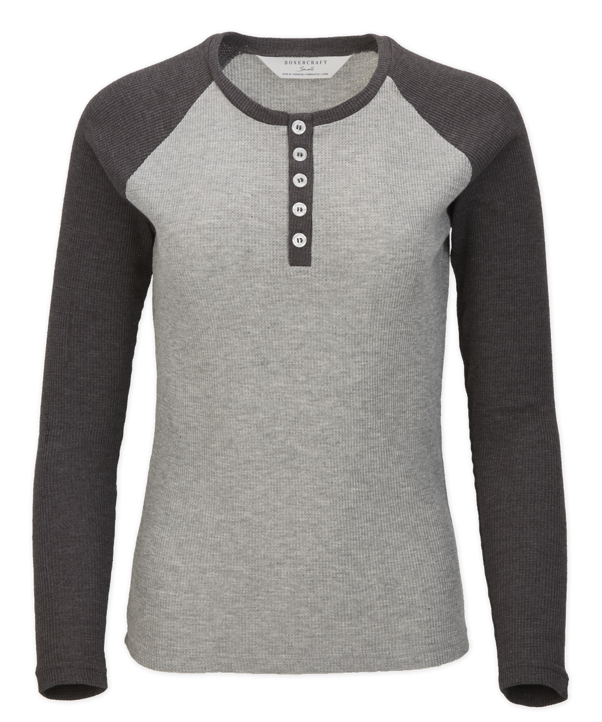 BW3104 Women's Waffle Knit Henley - Oxford Heather/Charcoal - Ghost Front | Oxford Heather/Charcoal