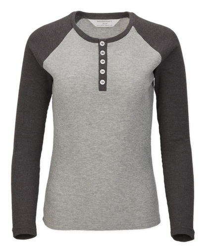BW3104 Women's Waffle Knit Henley - Oxford Heather/Charcoal - Ghost Front | Oxford Heather/Charcoal