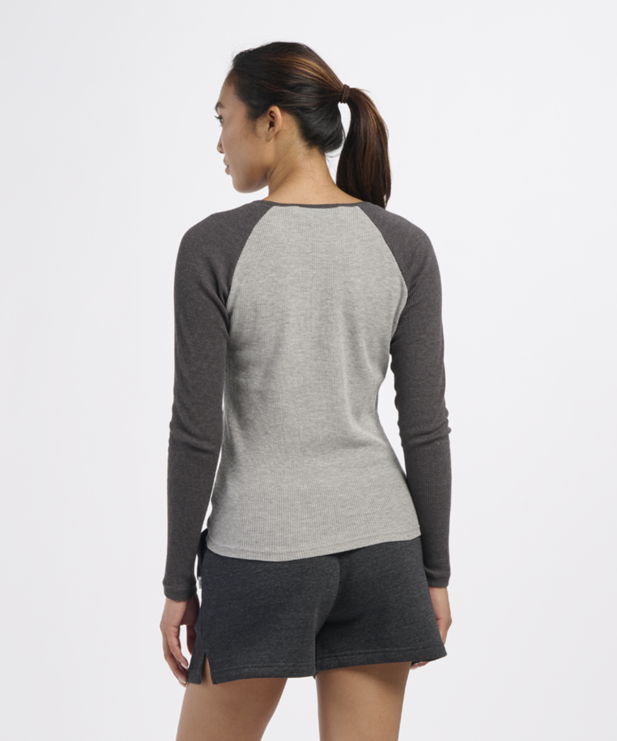 BW3104 Women's Waffle Knit Henley - Oxford Heather/Charcoal - Back | Oxford Heather/Charcoal