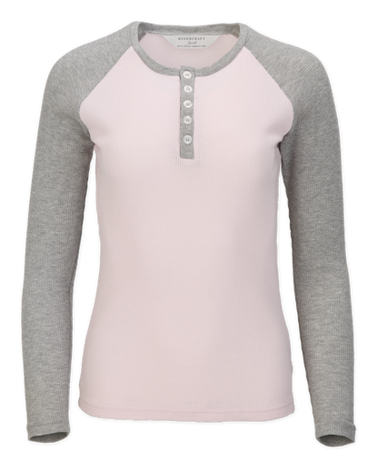 BW3104 Women's Waffle Knit Henley - Pink/Oxford Heather - Ghost Front | Pink/Oxford Heather