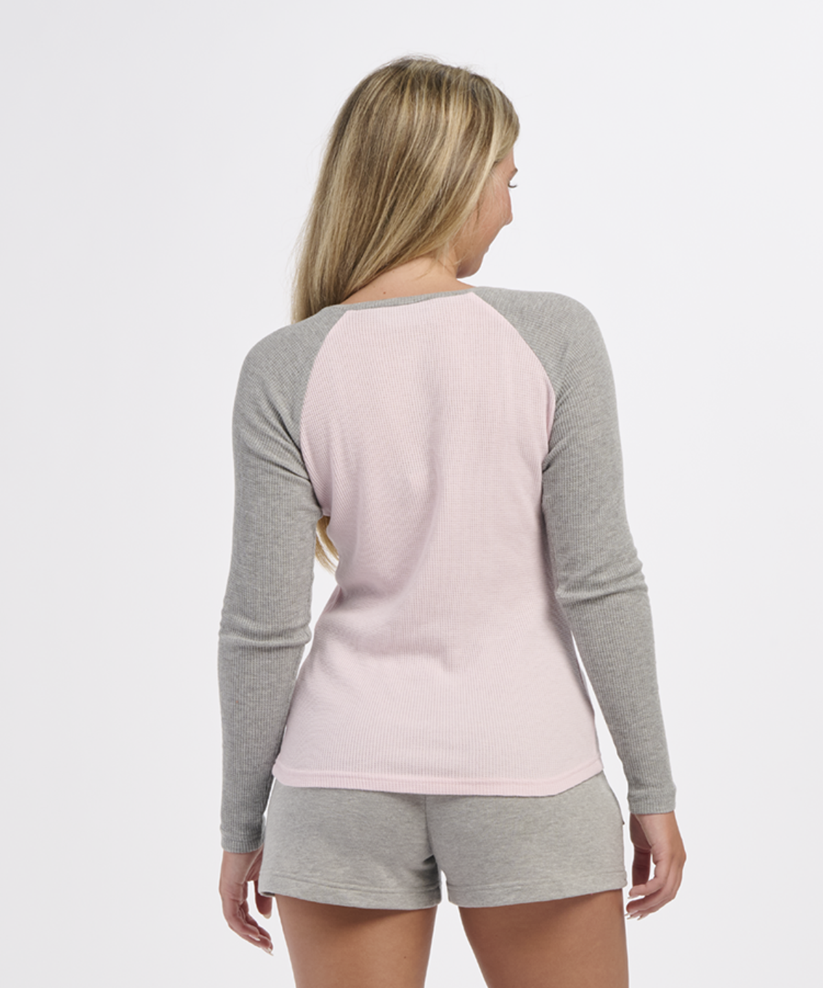 BW3104 Women's Waffle Knit Henley - Pink/Oxford Heather - Back | Pink/Oxford Heather