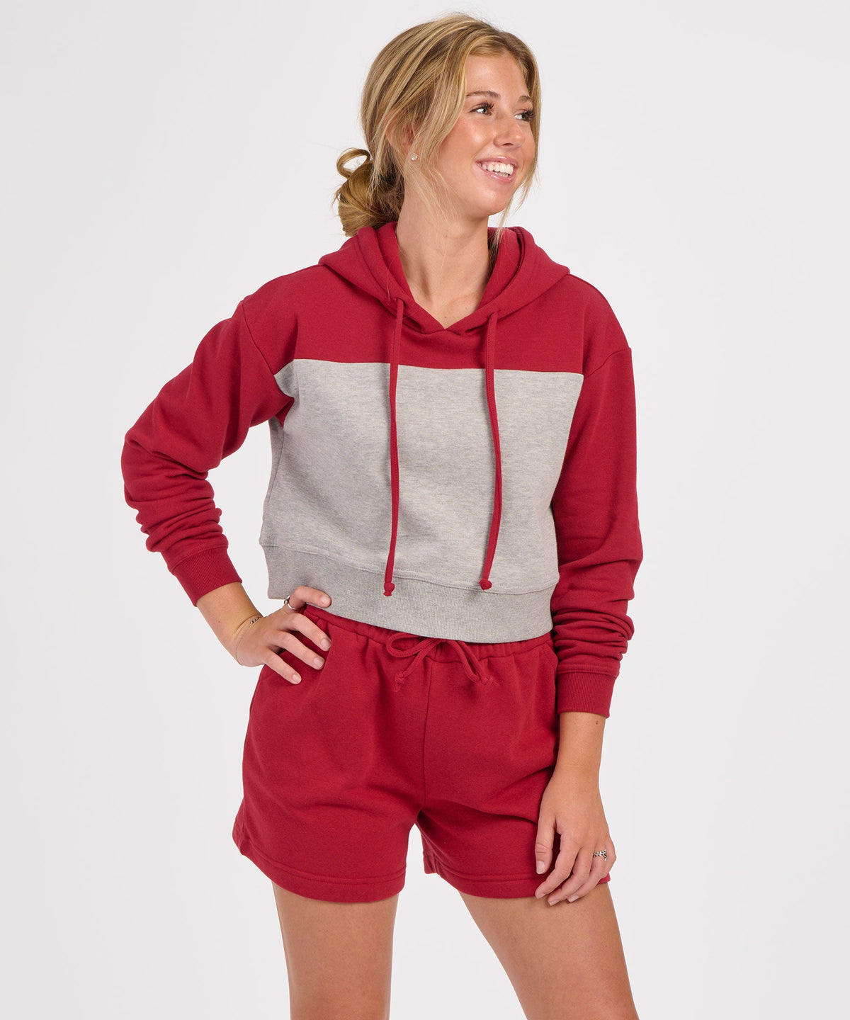 Women's Fleece Cropped Hoodie – Cropped Pullover Fleece Hooded Sweatshirt in Brckred/Oxf Htr