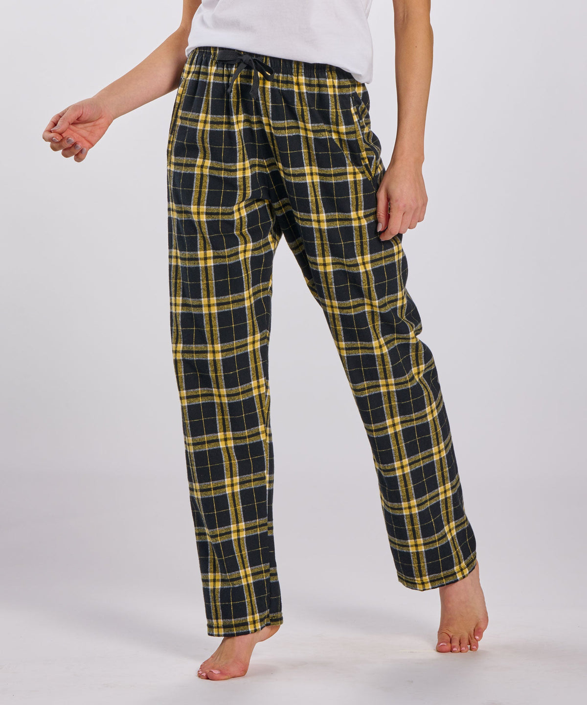 Boxercraft BW6620 Women's Haley Flannel Pants - Black/Gold Plaid - Front | Black/Gold Plaid