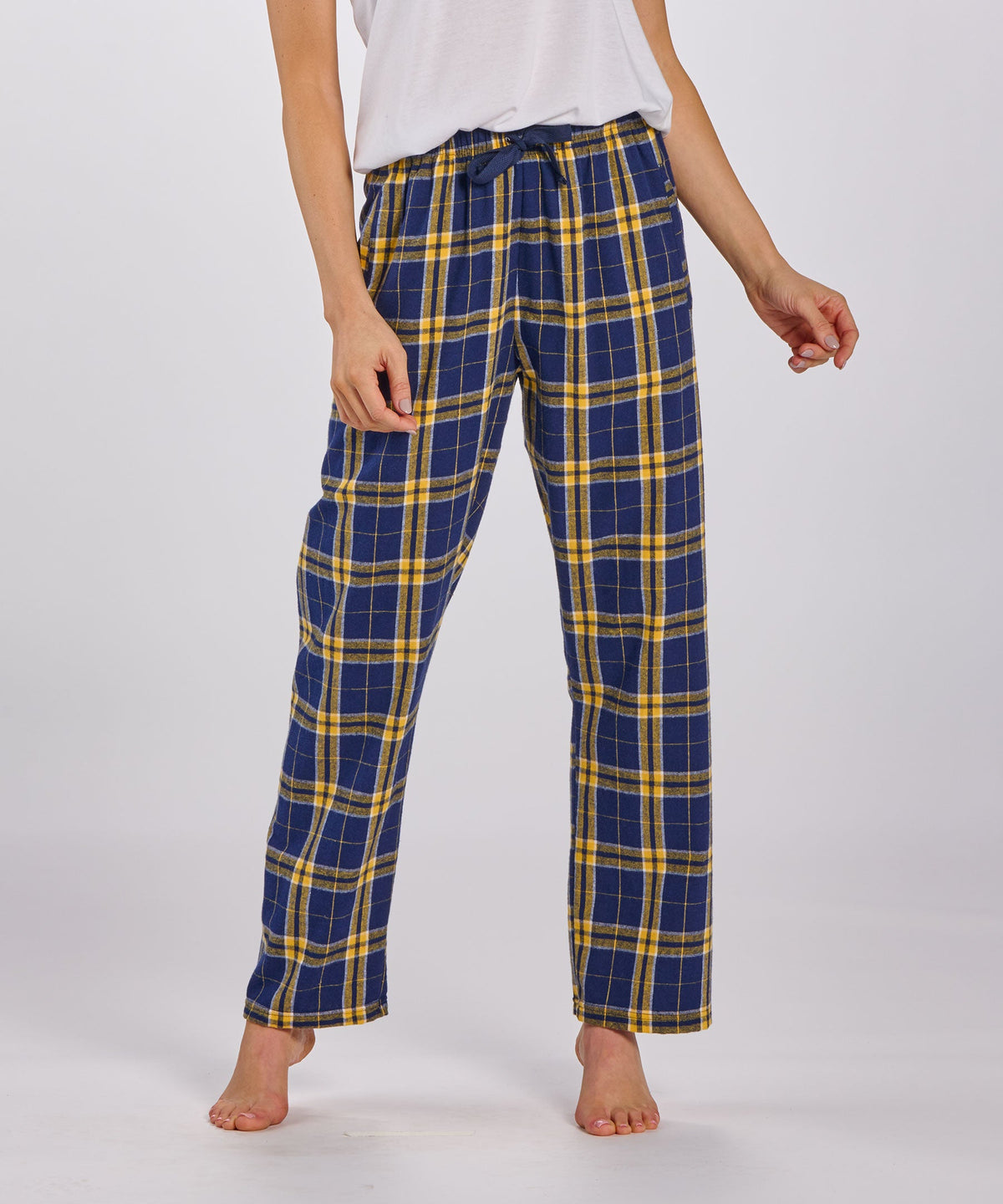 Boxercraft BW6620 Women's Haley Flannel Pants - Navy/Gold Plaid - Front | Navy/Gold Plaid