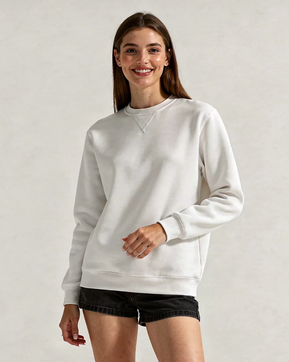 Unisex Core Fleece Crew in White – model front 2