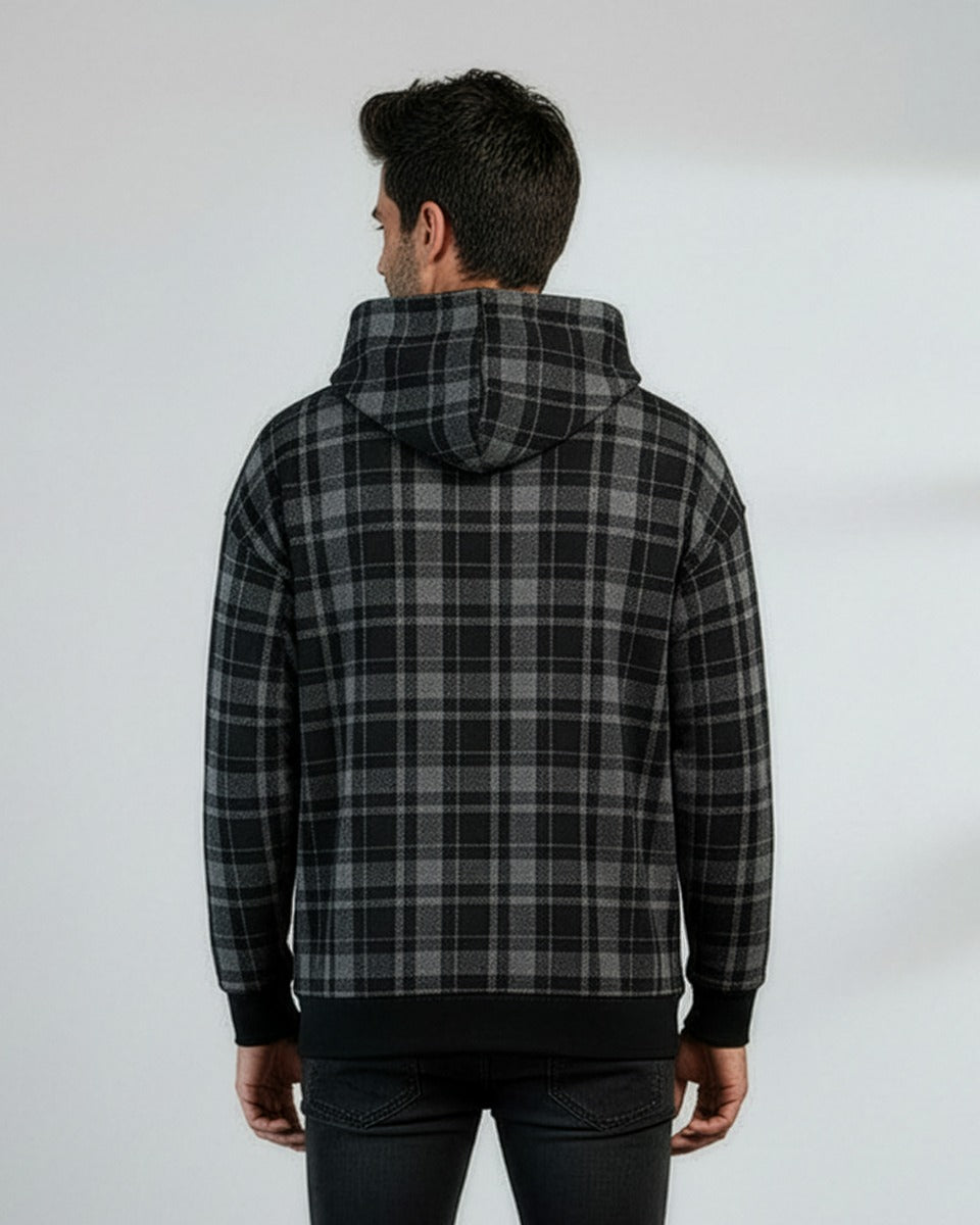 Boxercraft BU5301 Unisex Flannel Pullover Hoodie - Black Jordan Plaid - Model Back | Black Jordan Plaid