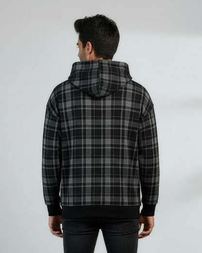 Boxercraft BU5301 Unisex Flannel Pullover Hoodie - Black Jordan Plaid - Model Back | Black Jordan Plaid