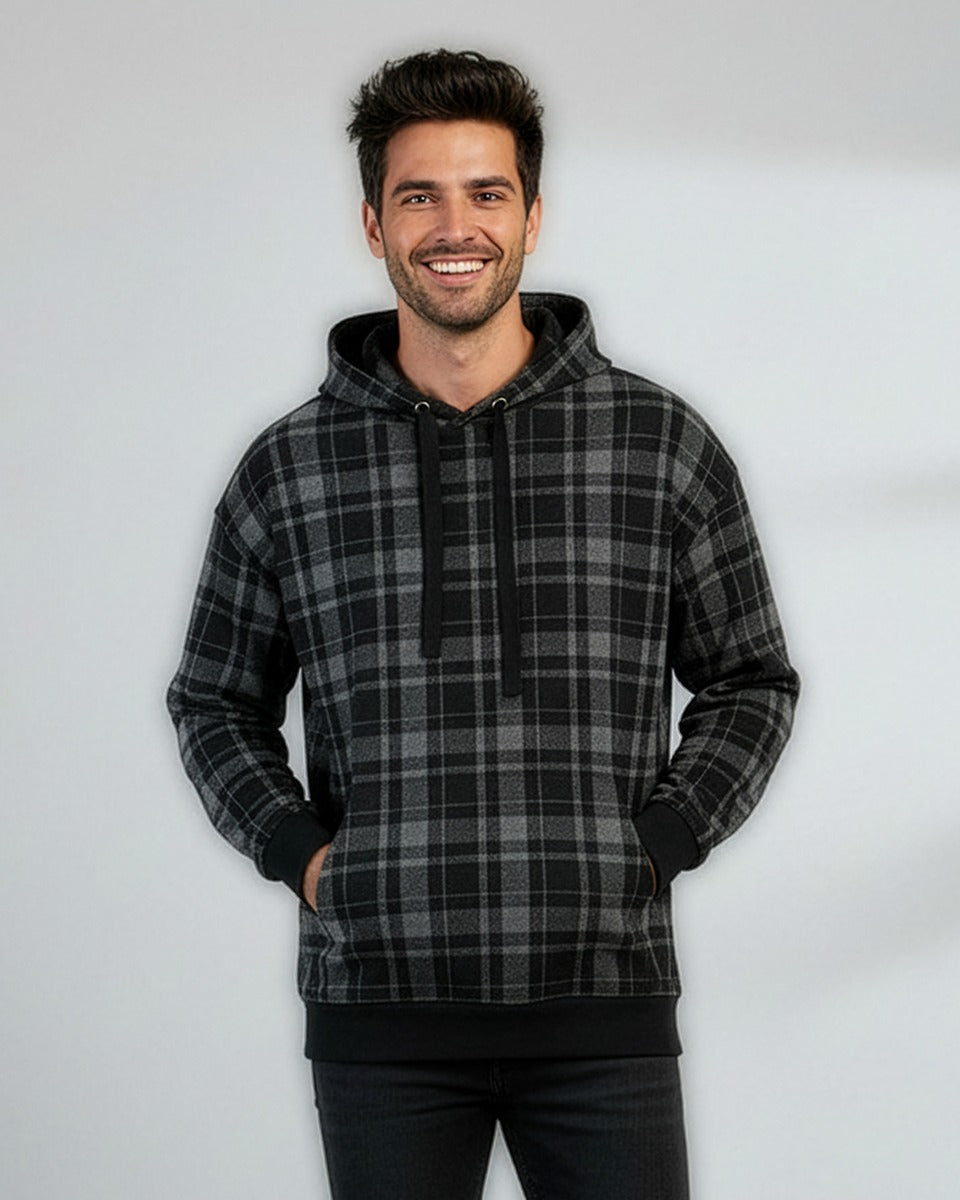 Boxercraft BU5301 Unisex Flannel Pullover Hoodie - Black Jordan Plaid - Model Front | Black Jordan Plaid