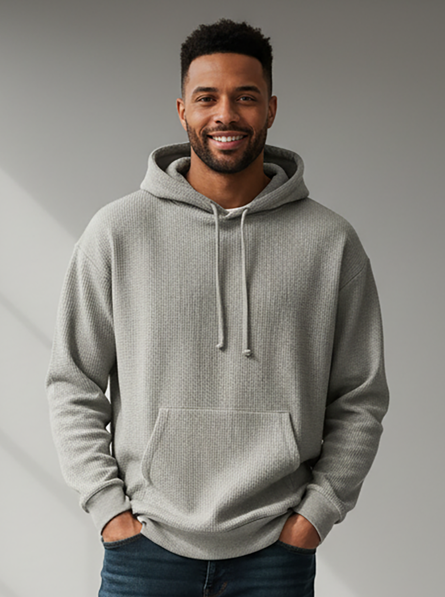 Unisex Corded Pullover Hoodie in Oxford – model front