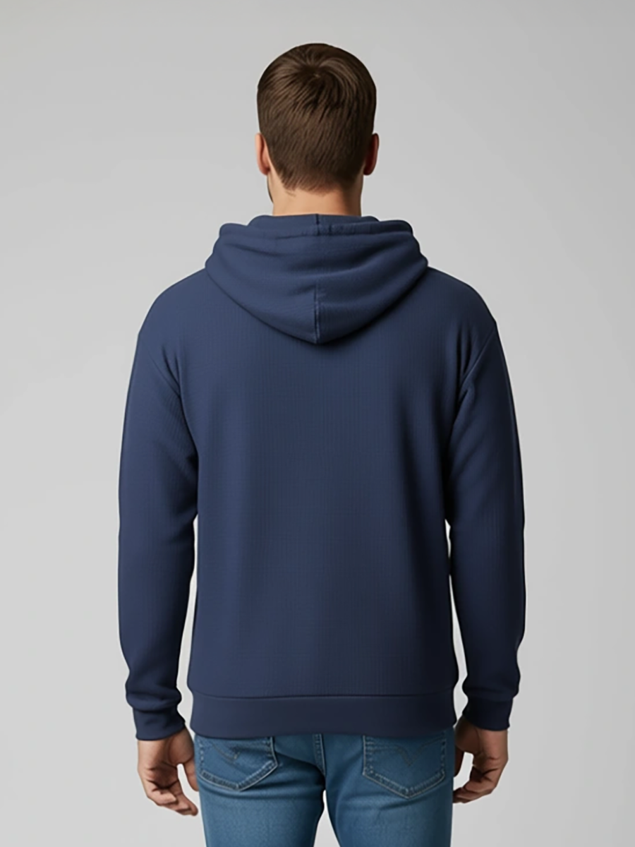 Unisex Corded Pullover Hoodie in Navy – model back