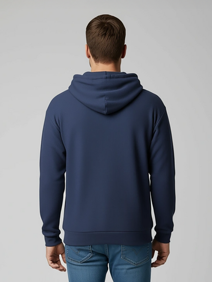 Unisex Corded Pullover Hoodie in Navy – model back