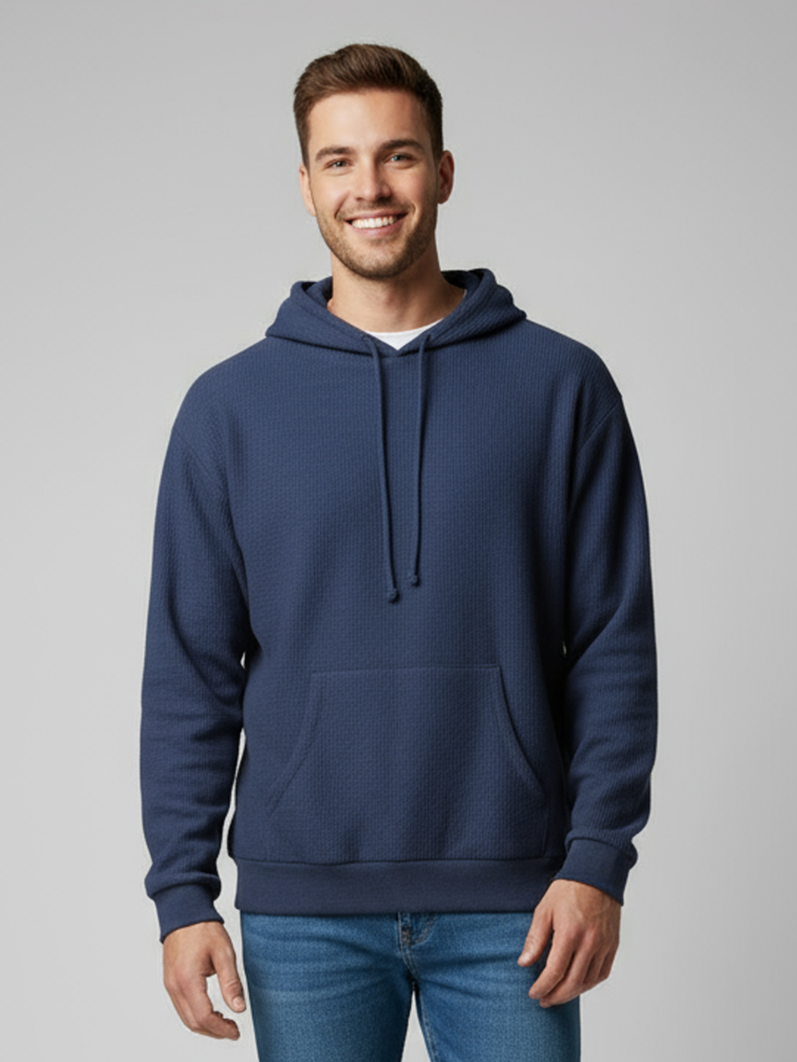 Unisex Corded Pullover Hoodie in Navy – model front