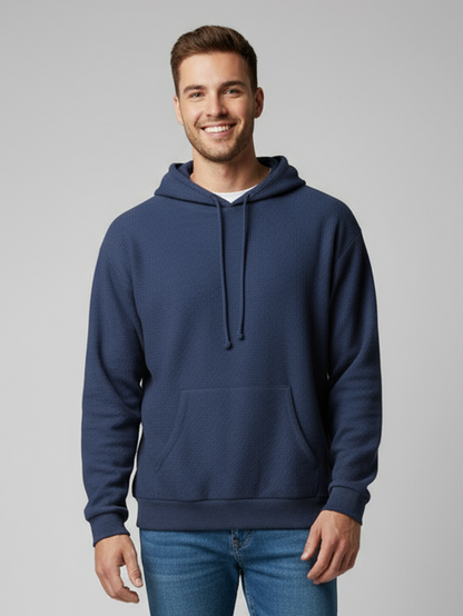 Unisex Corded Pullover Hoodie in Navy – model front
