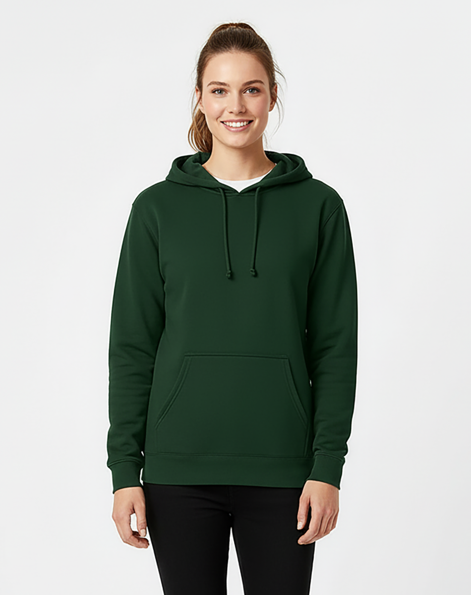 Unisex Core Fleece Hoodie in Dark Green – model front