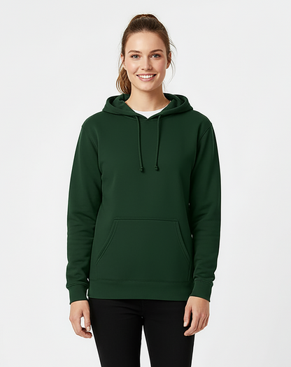 Unisex Core Fleece Hoodie in Dark Green – model front