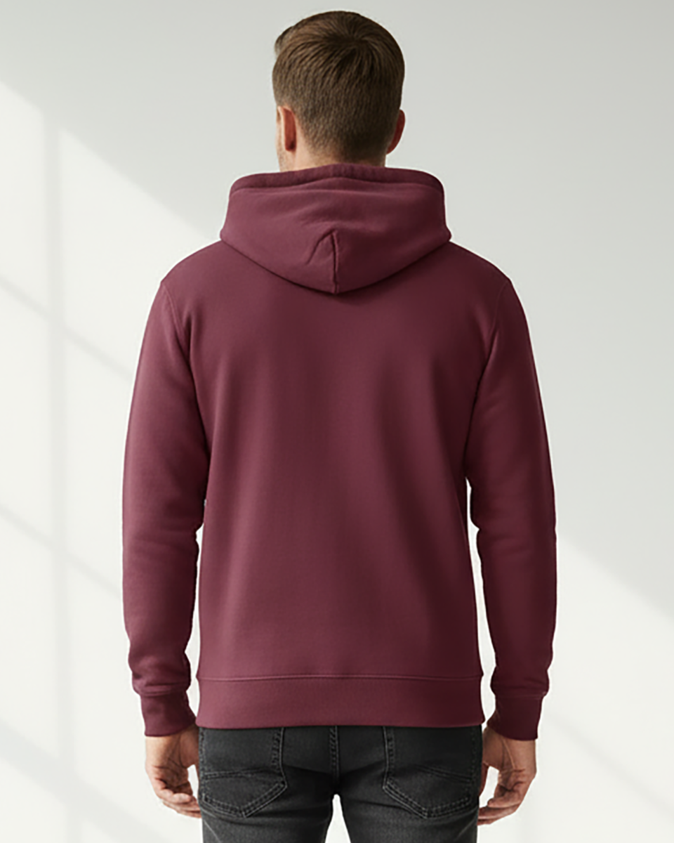 Unisex Core Fleece Hoodie in Maroon – model back