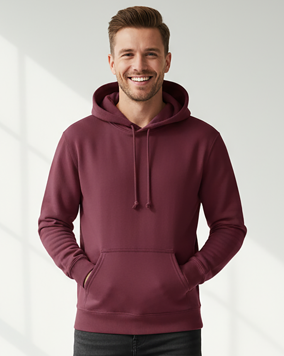 Unisex Core Fleece Hoodie in Maroon – model front
