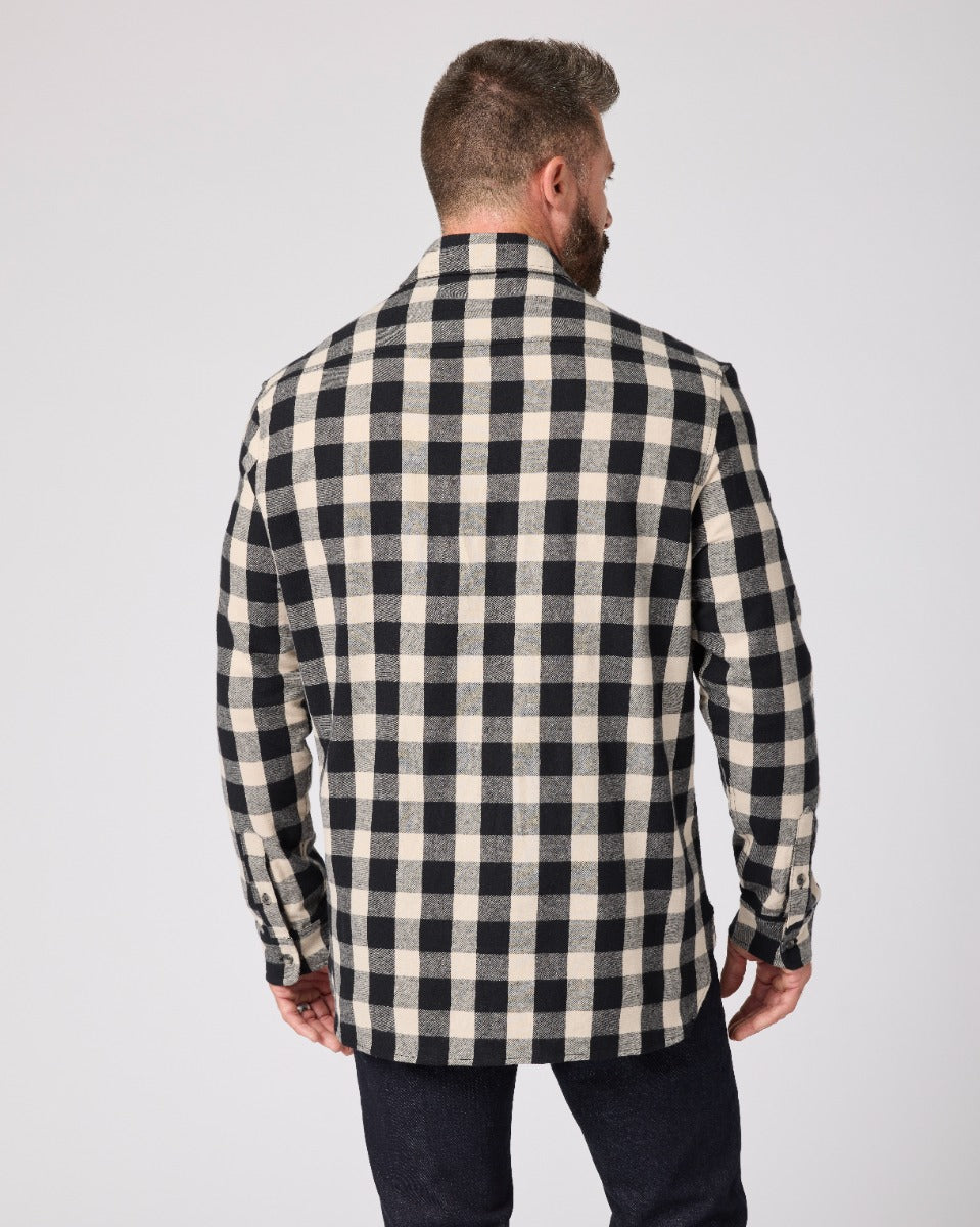 Boxercraft BU7401 Flannel Button-Down Shirt - Black/Ecru Buffalo Plaid - Model Back | Black/Ecru Buffalo Plaid