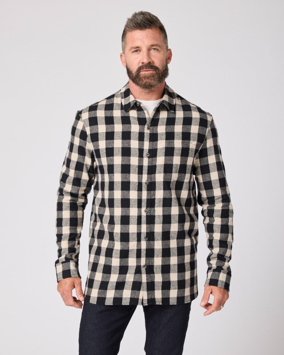 Boxercraft BU7401 Flannel Button-Down Shirt - Black/Ecru Buffalo Plaid - Model Front | Black/Ecru Buffalo Plaid