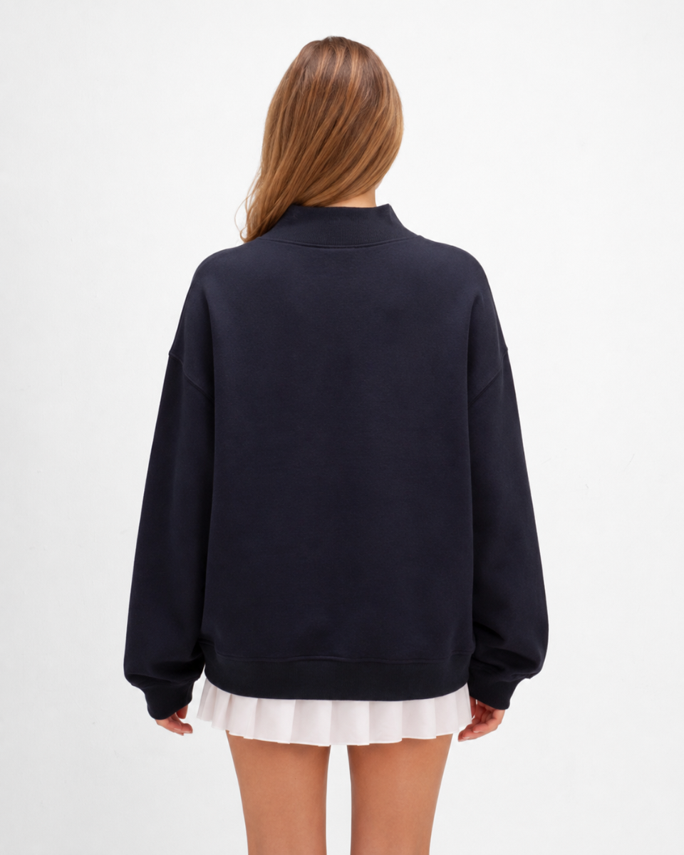 Women's Core Fleece Mock Neck in Navy – model back
