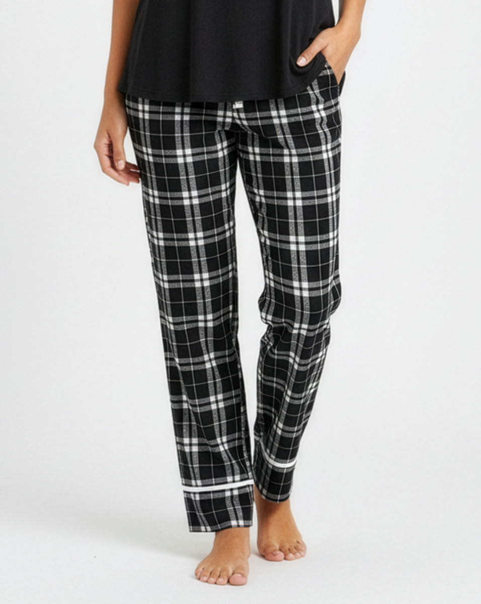 Women's Cuff Flannel Pant in Black/White Plaid – model front