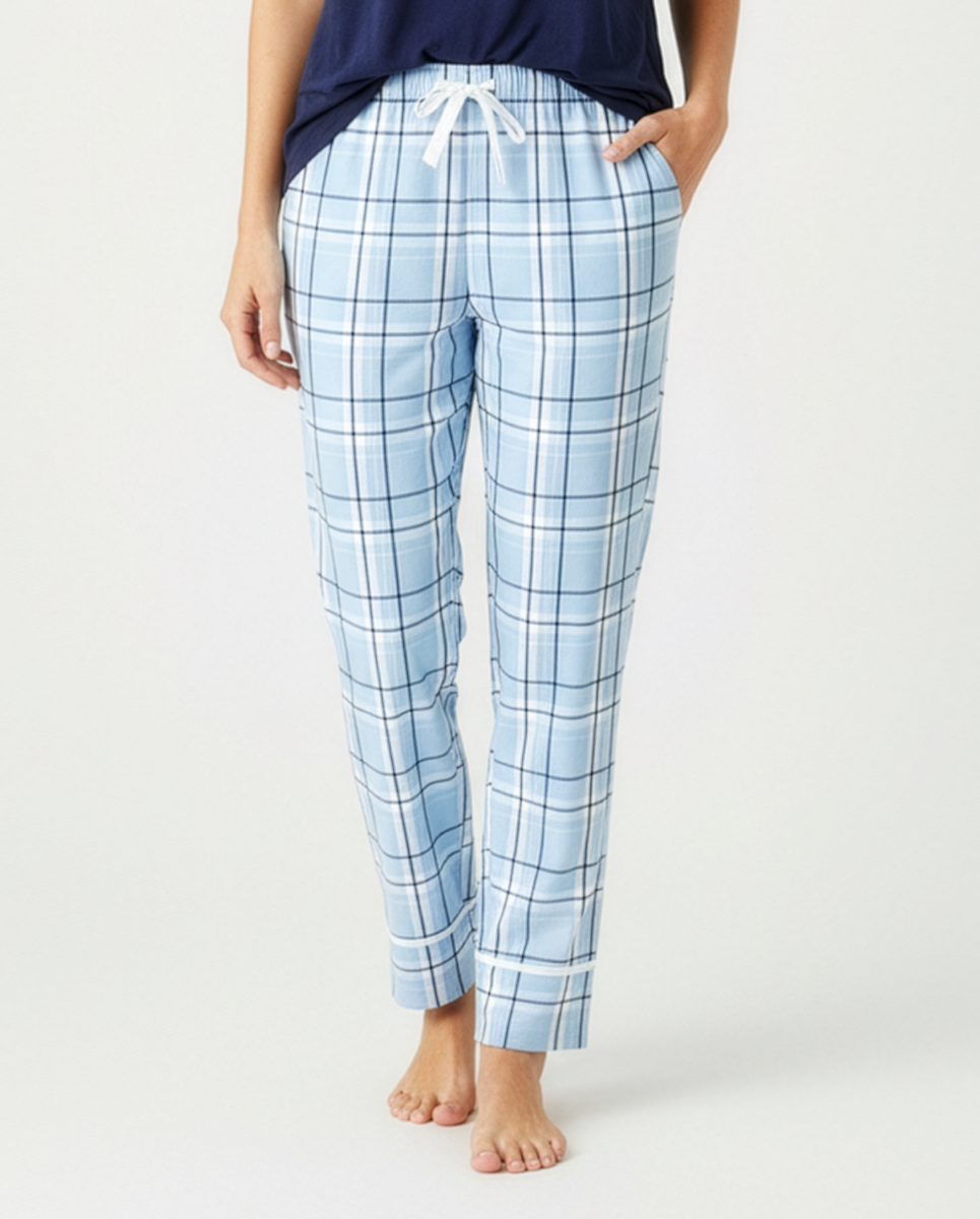 Women's Cuff Flannel Pant in Sky Carnegie Plaid – model front