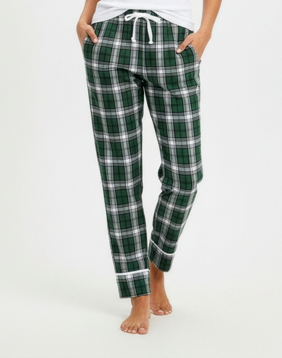 Women's Cuff Flannel Pant in Green/White Plaid – model front