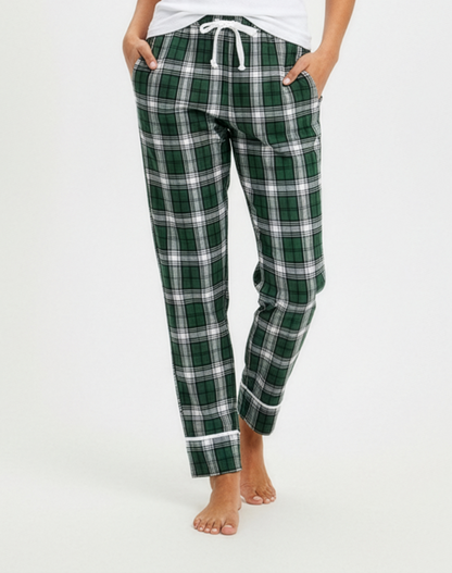 Women's Cuff Flannel Pant in Green/White Plaid – model front