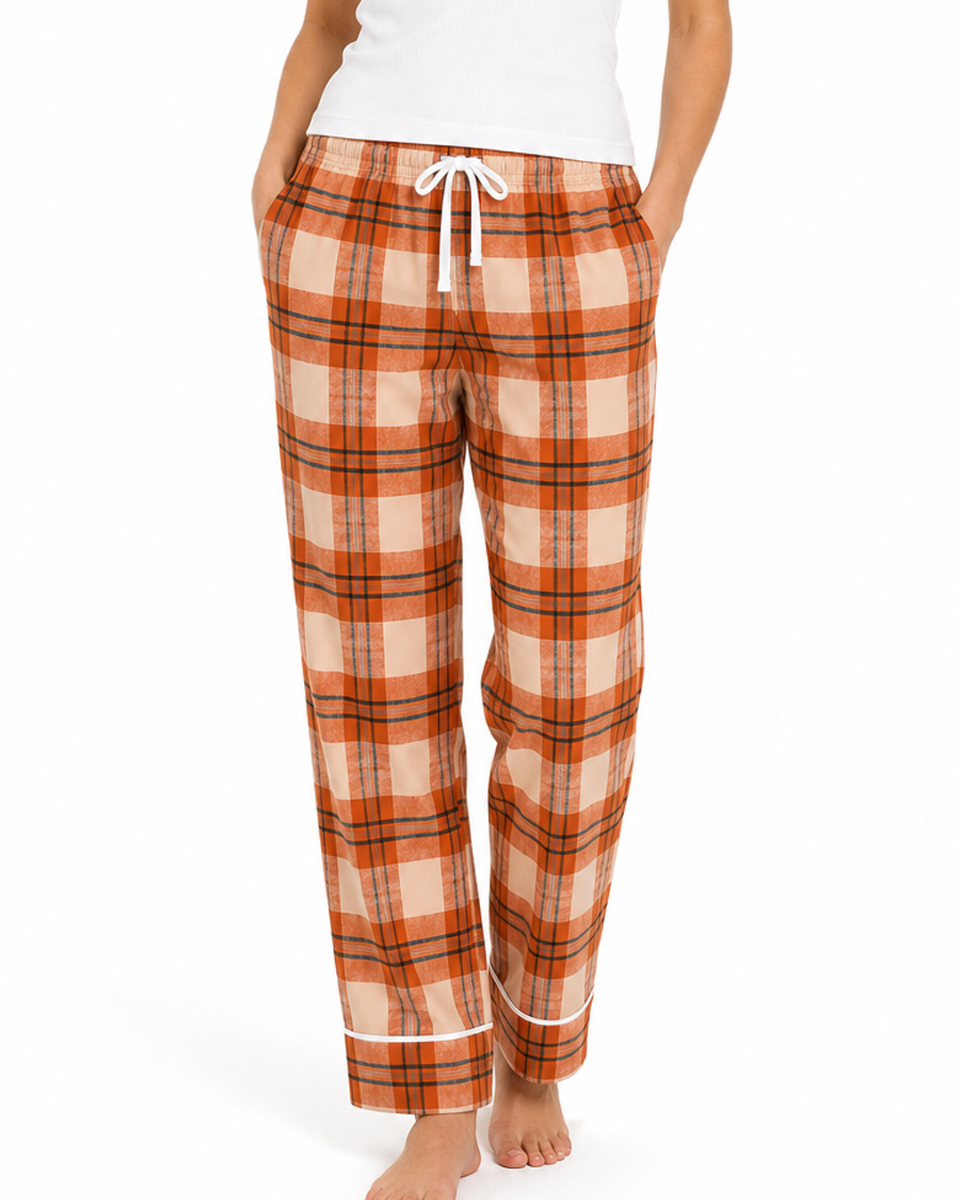 Women's Cuff Flannel Pant in Orange Harvest McIntosh Plaid – model front
