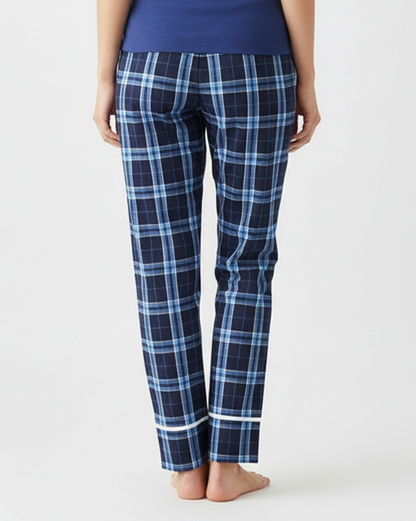 Women's Cuff Flannel Pant in Navy/Columbia Plaid – model back