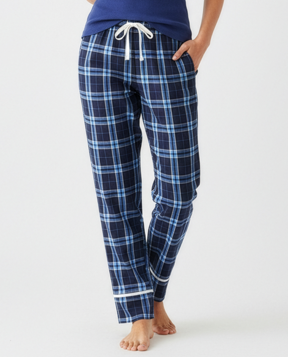Women's Cuff Flannel Pant in Navy/Columbia Plaid – model front