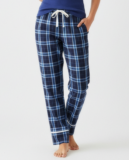 Women's Cuff Flannel Pant in Navy/Columbia Plaid – model front