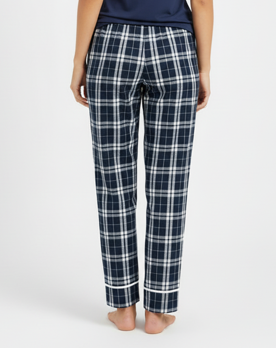 Women's Cuff Flannel Pant in Navy/Silver Plaid – model back
